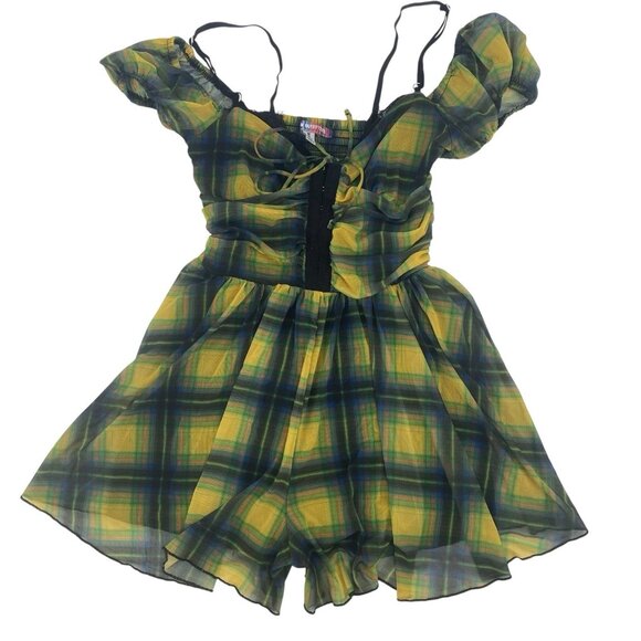 Urban Outfitters UO Tula Layered Mesh Playsuit  Romper Size Medium Plaid Smock - Picture 1 of 11